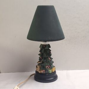 Mini Christmas Tree Table Lamp  10" Tall Ceramic Tree w/  Green Metal Shade